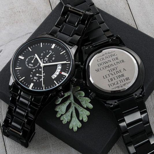Husband To Be Wedding Gift From Bride To The Groom Of Engraved Design Black Chronograph Watch
