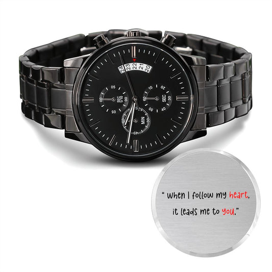 Engraved Design Black Chronograph Watch Gift For Him