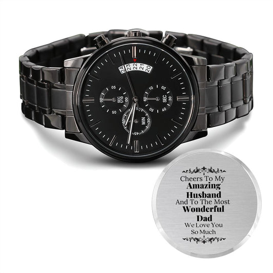 To My Amazing Husband Engraved Design Black Chronograph Watch Gift For Him
