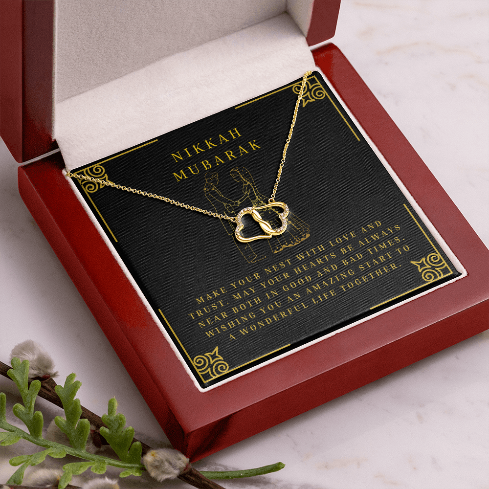 Nikkah Mubarak Muslim Wedding Bridal Gift For Her - 10K Solid Gold Interlocking Hearts Necklace with 18 Pave Set Diamonds
