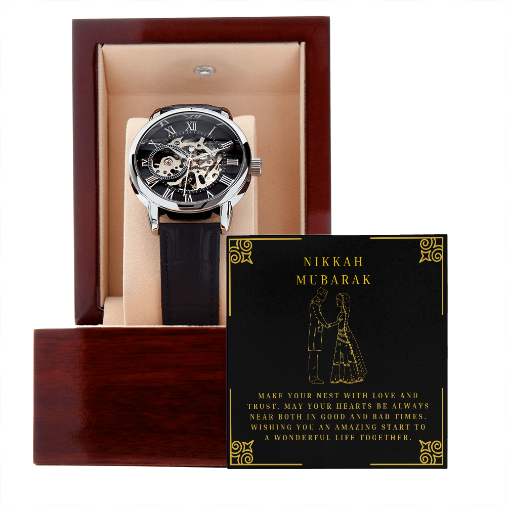Men's Nikkah Gift - Black Openwork Watch - Muslim Men Wedding Gift