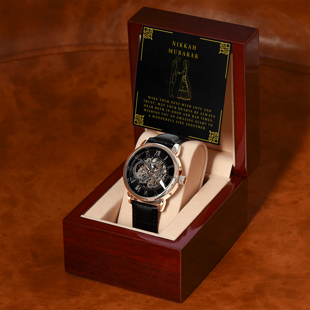 Men's Nikkah Gift - Black Openwork Watch - Muslim Men Wedding Gift