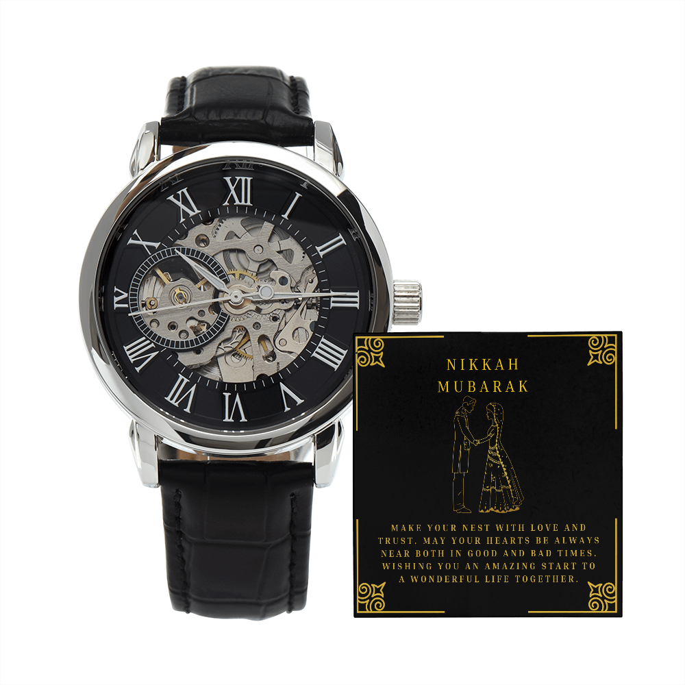 Men's Nikkah Gift - Black Openwork Watch - Muslim Men Wedding Gift