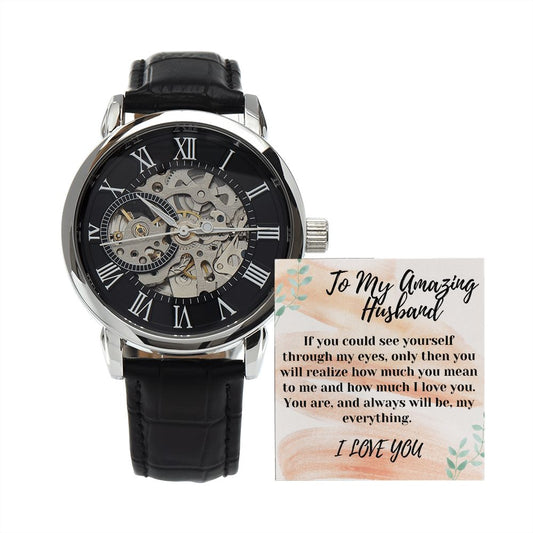 To My Amazing Husband Black Openwork Watch Gift For Him
