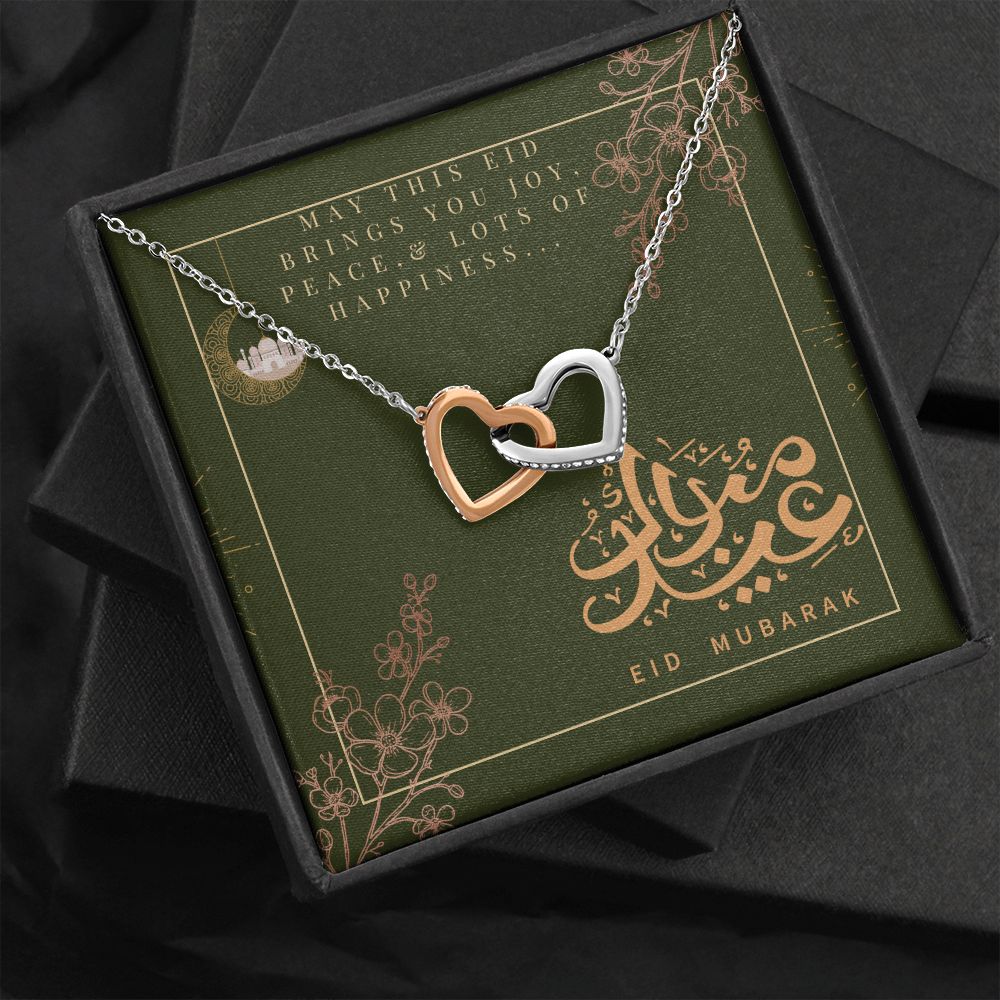 Eid Mubarak Two Heart Interlocking Necklace (Yellow & White Gold Variant) Gift For Her