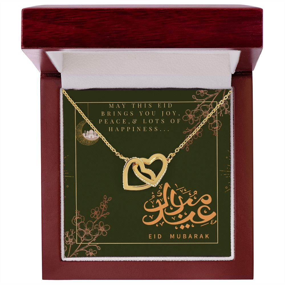 Eid Mubarak Two Heart Interlocking Necklace (Yellow & White Gold Variant) Gift For Her