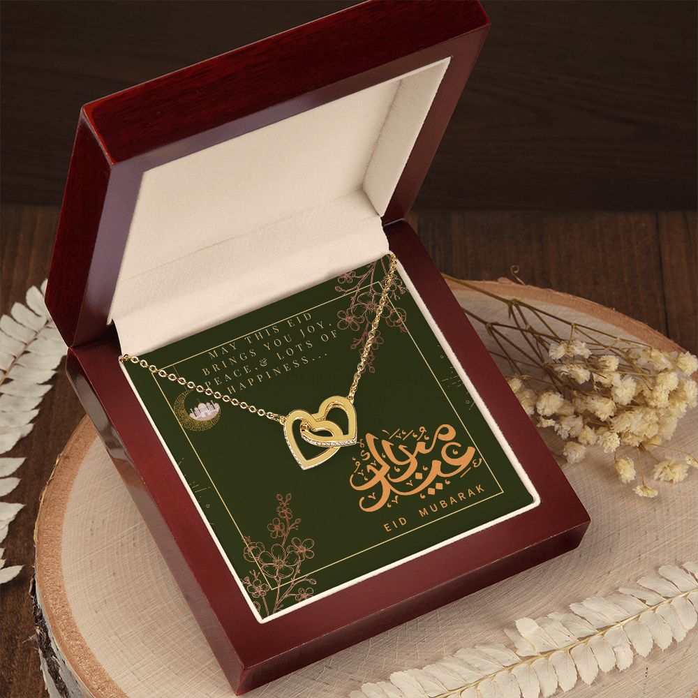 Eid Mubarak Two Heart Interlocking Necklace (Yellow & White Gold Variant) Gift For Her