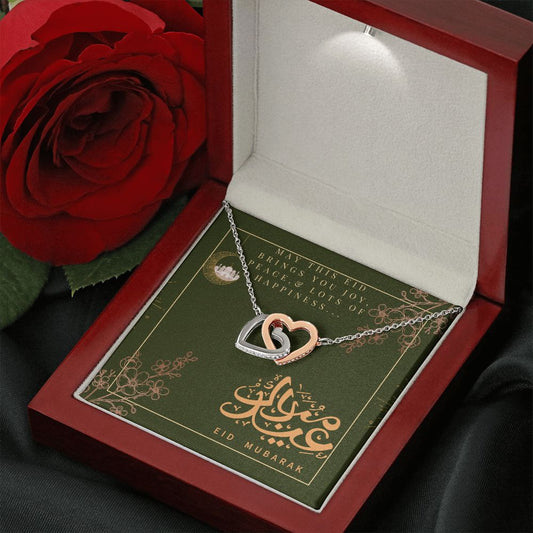 Eid Mubarak Two Heart Interlocking Necklace (Yellow & White Gold Variant) Gift For Her