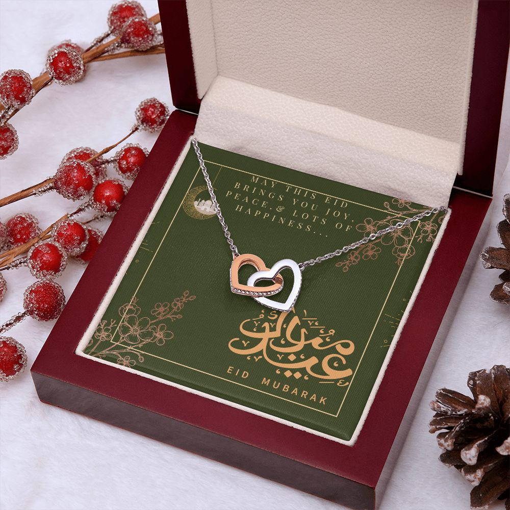 Eid Mubarak Two Heart Interlocking Necklace (Yellow & White Gold Variant) Gift For Her
