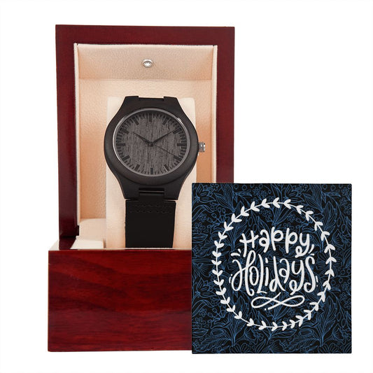 Happy Holidays Black Leather Strap Wooden Watch Gift For Him