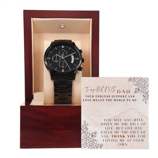 To My Bonus Dad Black Chronograph Watch Gift for Step Fathers