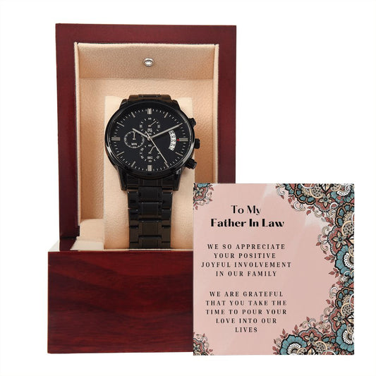 To My Father In Law Black Chronograph Watch Gift With Loving Note