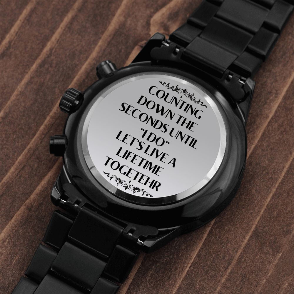 Husband To Be Wedding Gift From Bride To The Groom Of Engraved Design Black Chronograph Watch