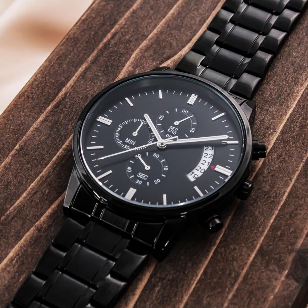 Engraved Design Black Chronograph Watch Gift For Him