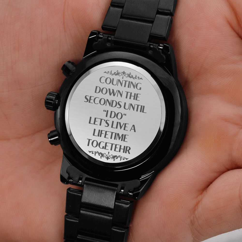 Husband To Be Wedding Gift From Bride To The Groom Of Engraved Design Black Chronograph Watch