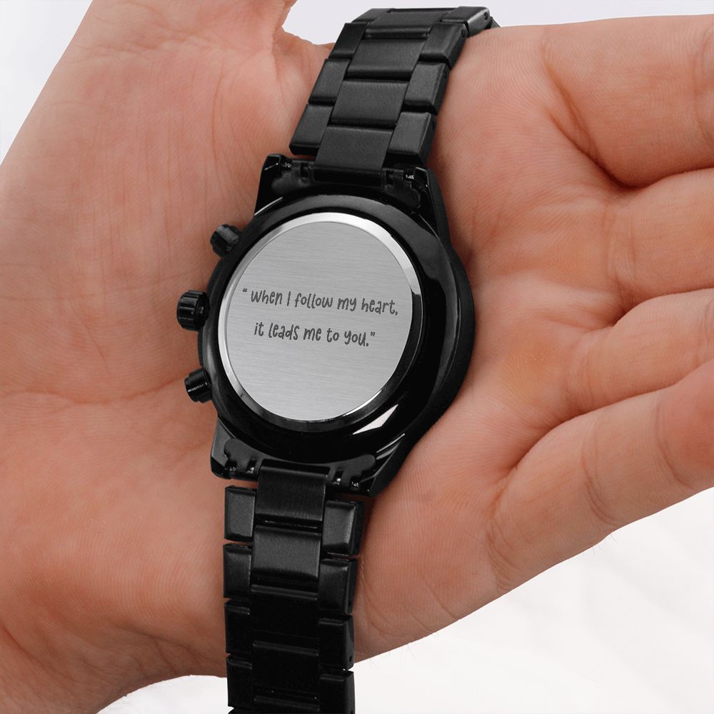 Engraved Design Black Chronograph Watch Gift For Him