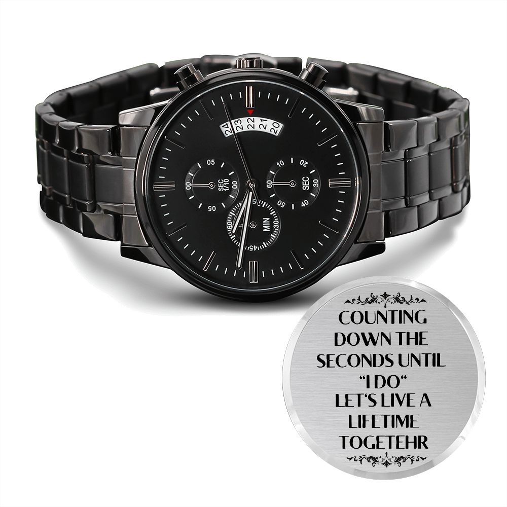 Husband To Be Wedding Gift From Bride To The Groom Of Engraved Design Black Chronograph Watch