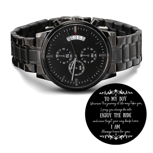 To My Boy Engraved Design Black Chronograph Watch Gift For Him
