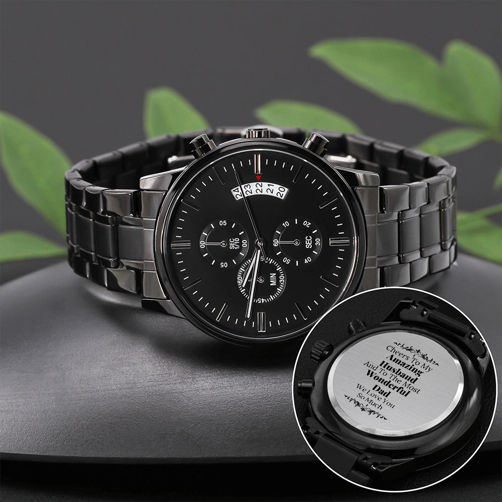 To My Amazing Husband Engraved Design Black Chronograph Watch Gift For Him