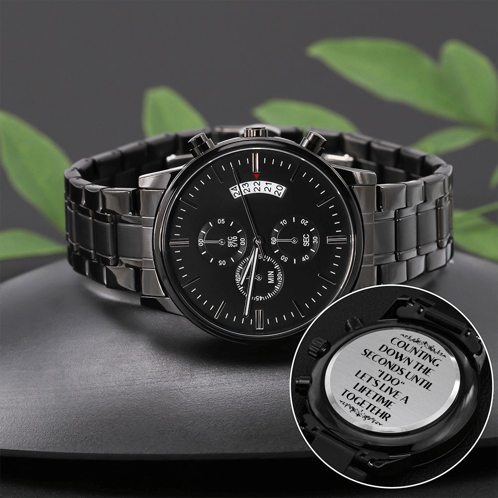 Husband To Be Wedding Gift From Bride To The Groom Of Engraved Design Black Chronograph Watch