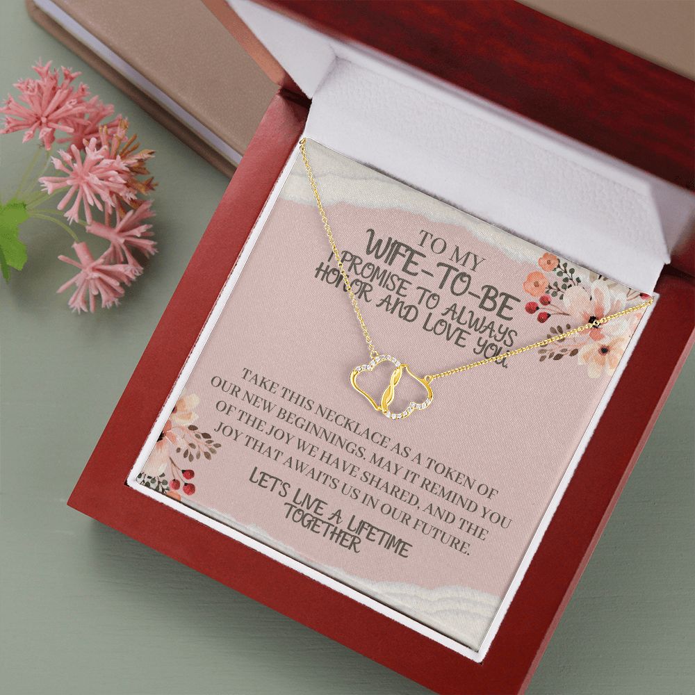 To My Wife-To-Be Solid Gold Interlocking Hearts Necklace with Pave Diamonds Gift For The Bride