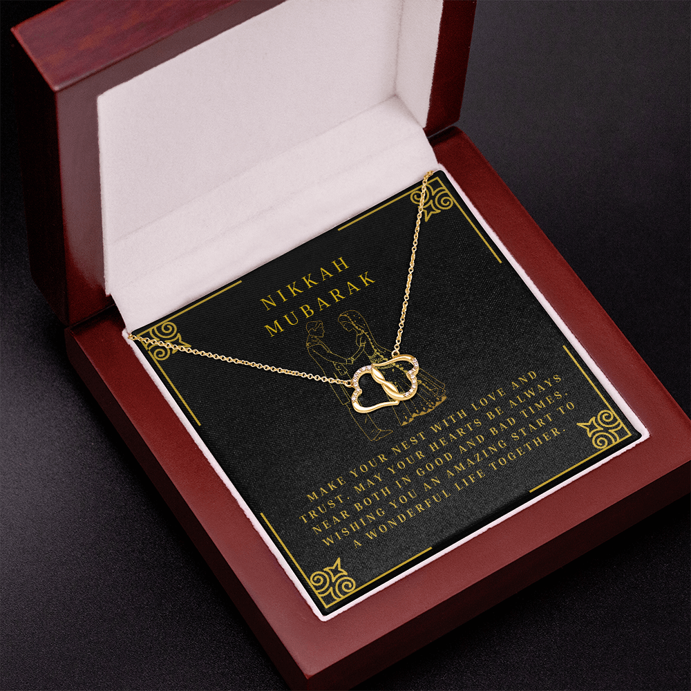 Nikkah Mubarak Muslim Wedding Bridal Gift For Her - 10K Solid Gold Interlocking Hearts Necklace with 18 Pave Set Diamonds