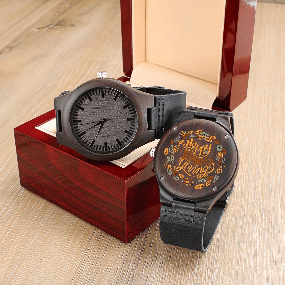 Happy Thanks Giving Engraved Wooden Watch Gift For Him