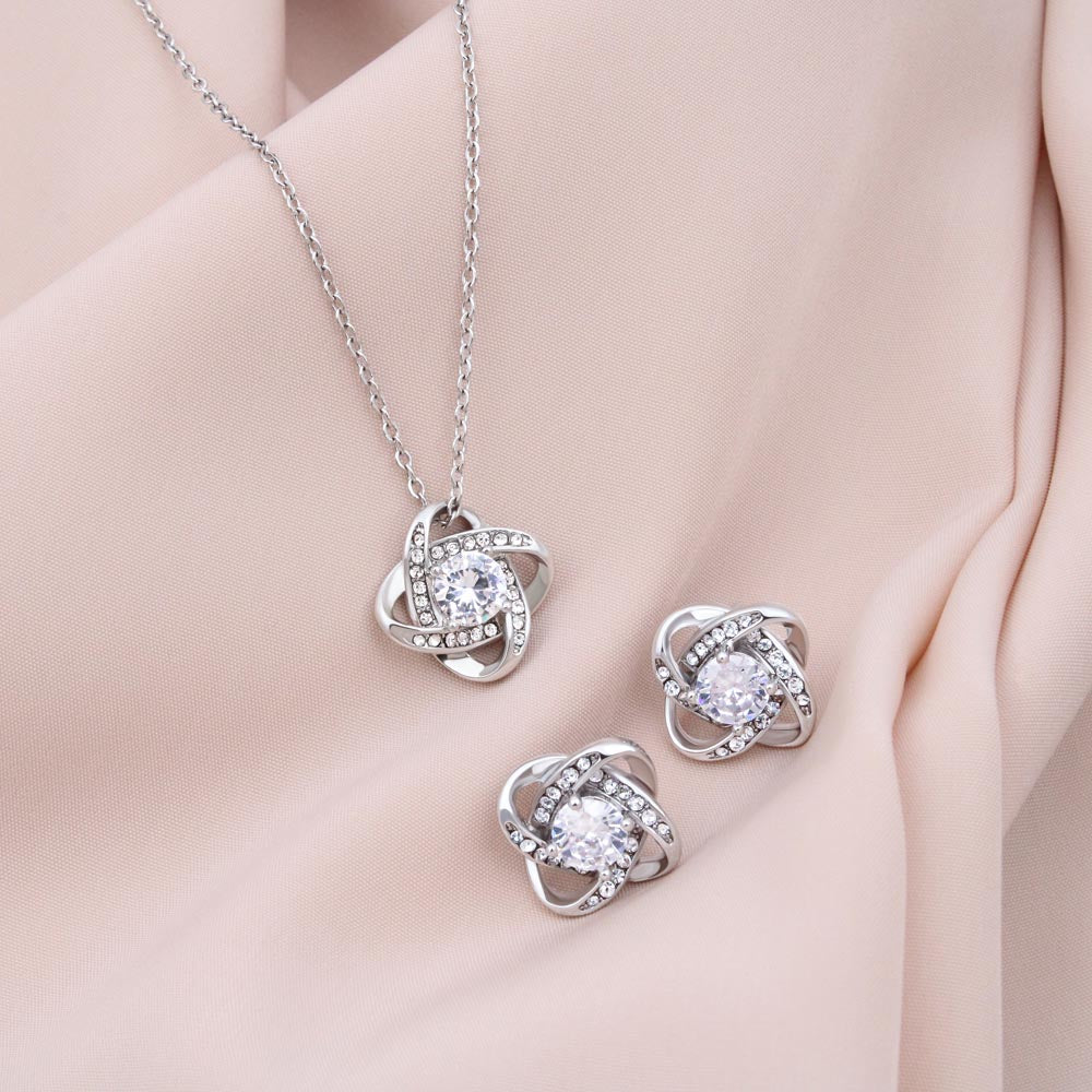 Love Knot 14k White Gold Earing and Necklace Set For Grandma