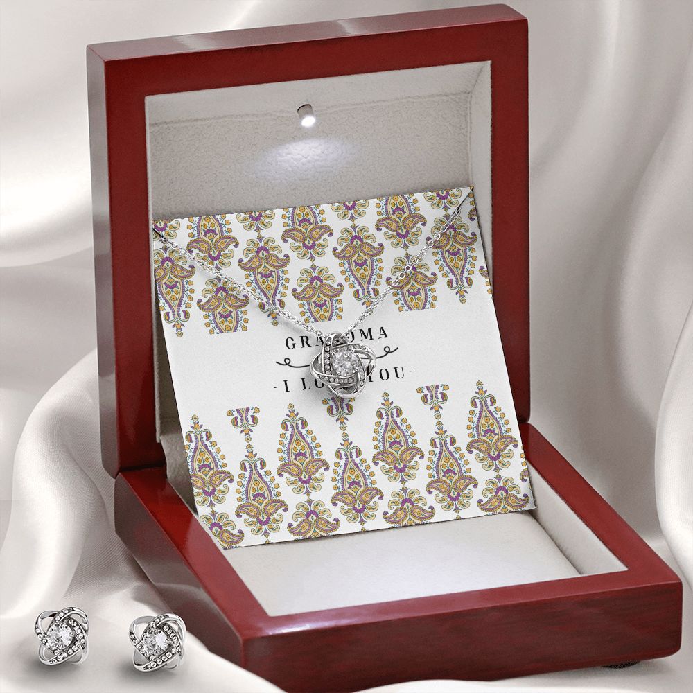Love Knot 14k White Gold Earing and Necklace Set For Grandma