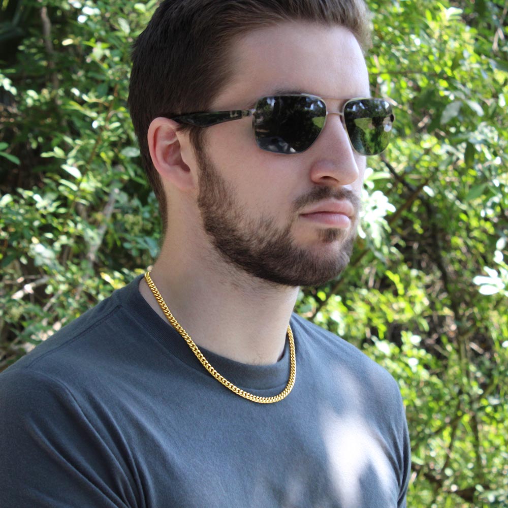 Cuban Link Chain 14k Yellow Gold & Polished Stainless Steel Gift For Dad