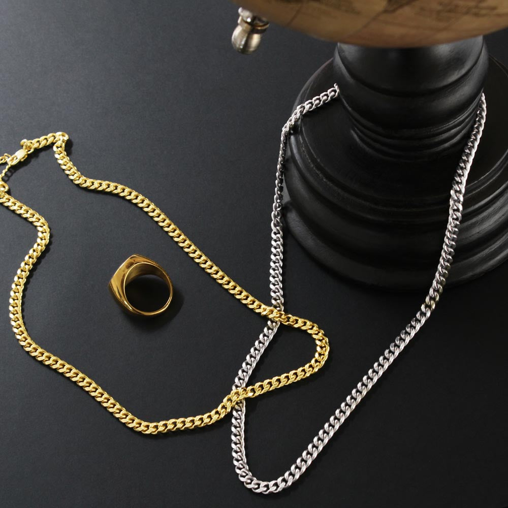 Cuban Link Chain 14k Yellow Gold & Polished Stainless Steel Gift For Dad