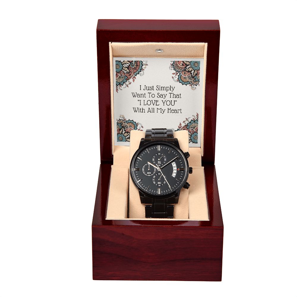 Black Chronograph Watch Gift For Him with "I Love You" Note