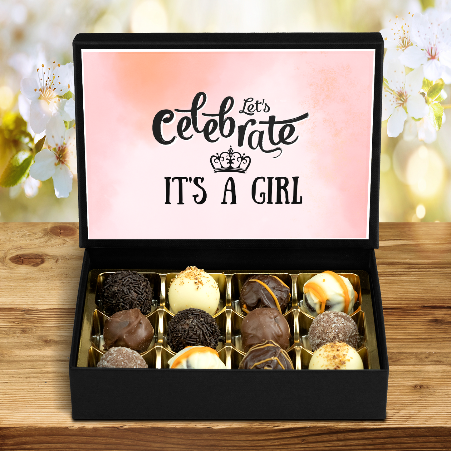 It's a Girl - Box of 12 Handmade Chocolate Truffles - Baby Shower Gift