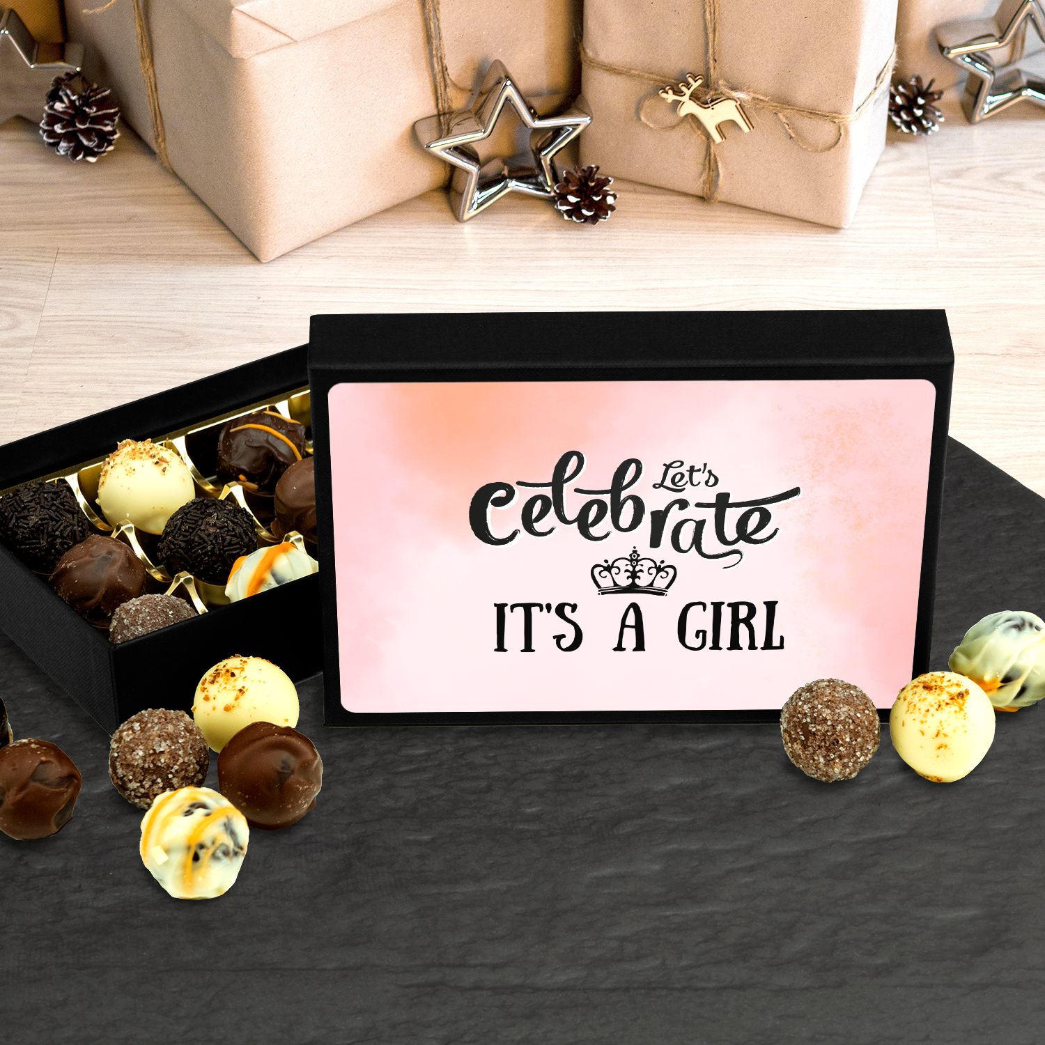 It's a Girl - Box of 12 Handmade Chocolate Truffles - Baby Shower Gift